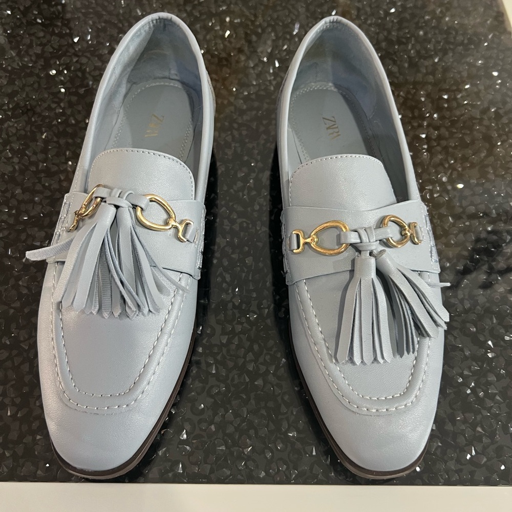 Zara Blue Tassel Flats with Suede Finish